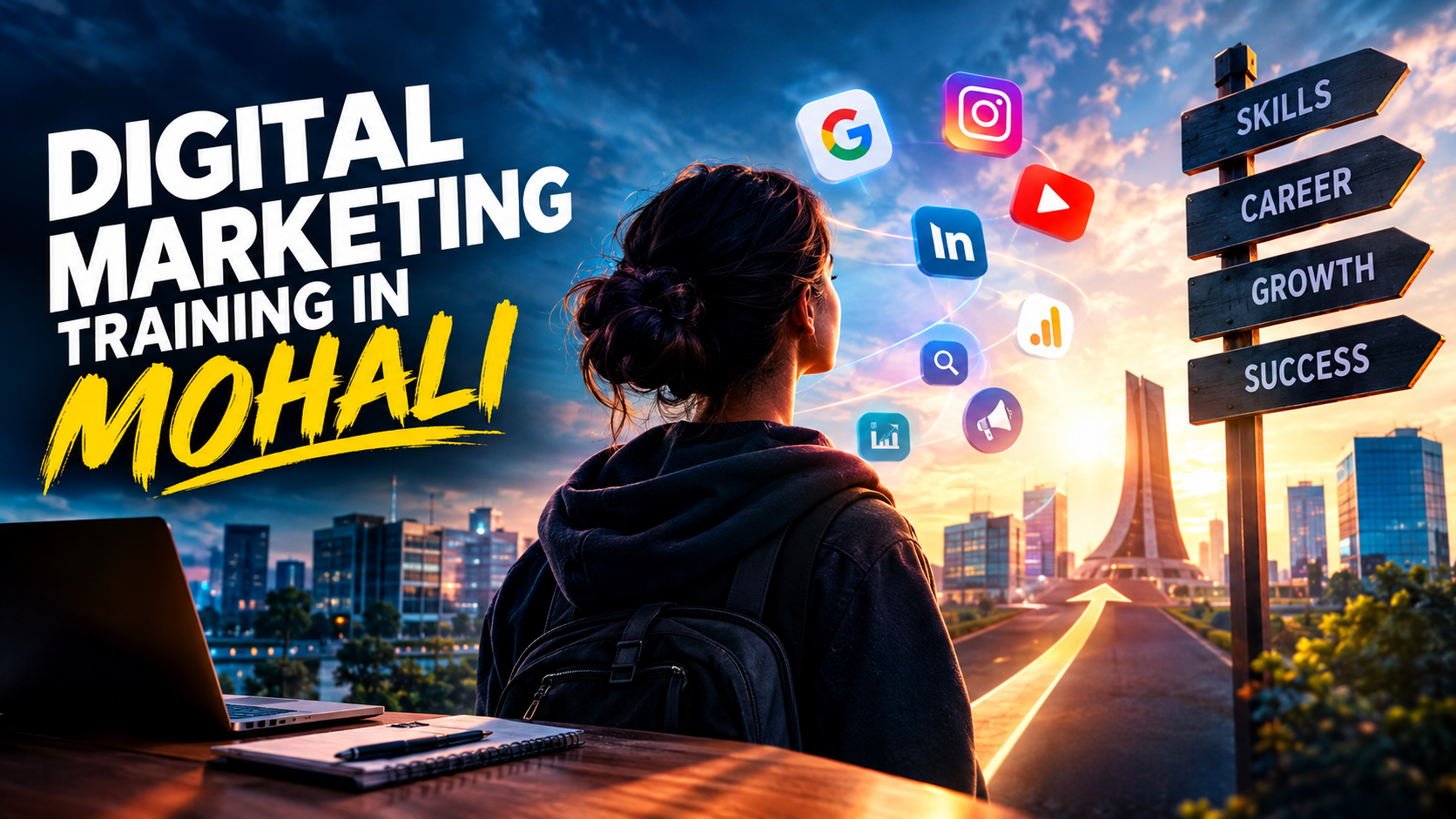 Digital marketing training in Mohali with a student, digital marketing icons, and career growth pathway.